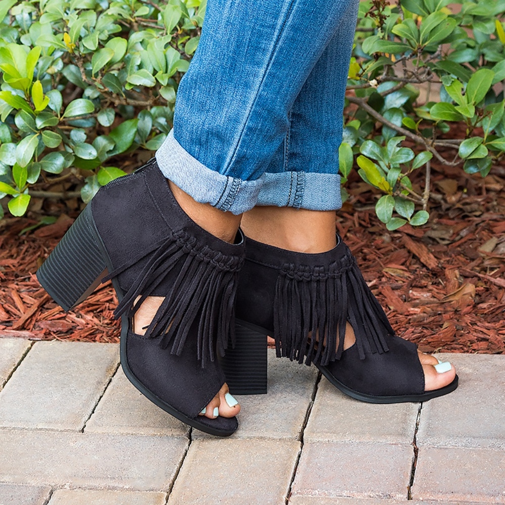 BLACK PEEP TOE FRINGED BOOTIES- GUSTO - Picture 2 of 4